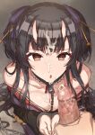  1boy 1girl bangs bare_shoulders black_hair breasts brown_eyes censored cleavage cuffs cum erere facial handcuffs hetero horns idolmaster idolmaster_shiny_colors long_hair male_focus mayuzumi_fuyuko mosaic_censoring oni_horns open_mouth penis pov tears 