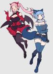  2girls alternate_costume animal_ears belt black_dress black_eyes blue_hair blush breasts claws cleavage demon_horns demon_wings do_m_kaeru dress earrings fake_animal_ears fang fire_emblem fire_emblem:_three_houses full_body halloween halloween_costume hilda_valentine_goneril horns jewelry large_breasts marianne_von_edmund multicolored_clothes multicolored_dress multiple_girls one_eye_closed pink_eyes pink_hair red_dress shorts tail thighhighs twintails white_background wings wolf_ears wolf_tail 
