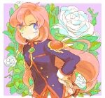  1girl aiguillette blue_eyes buttons eyes_visible_through_hair flower hand_on_hip jacket katiko leaf long_hair long_sleeves no_nose pink_hair purple_jacket shoujo_kakumei_utena shoulder_pads solo tenjou_utena thorns white_flower 