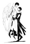  0717_penguin 2boys angel_wings boots coat eye_contact feathered_wings full_body greyscale hand_on_another&#039;s_shoulder highres hug kim_dokja long_sleeves looking_at_another male_focus monochrome multiple_boys omniscient_reader&#039;s_viewpoint open_mouth pants shoes short_hair simple_background standing white_background wings yaoi yoo_joonghyuk 