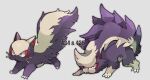  :3 animal_focus artist_name black_eyes blush claws closed_mouth commentary_request evolutionary_line fangs fangs_out full_body grey_background no_humans pokedex_number pokemon pokemon_(creature) shira_(sirairo116) signature simple_background skuntank standing stunky twitter_username 