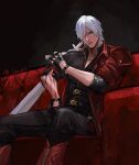  1boy absurdres belt black_background black_gloves black_pants black_shirt blood blood_on_arm blue_eyes boots canghai couch dante_(devil_may_cry) devil_may_cry_(series) feet_out_of_frame fingerless_gloves gloves hair_over_one_eye highres indoors injury jacket jacket_partially_removed looking_at_viewer male_focus mature_male multiple_belts muscular muscular_male on_couch one_eye_covered pants red_footwear red_jacket shirt short_hair sitting sleeves_rolled_up solo sword torn_sleeve twitter_username weapon white_hair 