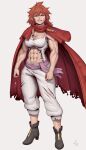  1girl abs absurdres black_clover black_footwear blue_eyes breasts cleavage cloak highres mereoleona_vermillion muscular muscular_female orange_hair pants red_cloak scar solo speedl00ver torn_clothes white_background white_pants 