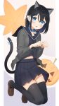  1girl :o absurdres animal_ears apollo_(hu_maple) bangs bell black_hair black_sailor_collar black_serafuku black_shirt black_skirt black_thighhighs blue_collar blue_eyes blush brown_footwear cat_ears cat_girl cat_tail collar commentary_request grey_jacket hair_between_eyes highres jack-o&#039;-lantern jacket jingle_bell loafers looking_at_viewer midriff_peek navel neck_bell open_clothes open_jacket original parted_lips paw_pose pleated_skirt sailor_collar school_uniform serafuku shirt shoes skirt solo tail thighhighs 