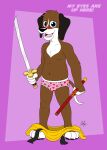  absurd_res beagle blush bulge canid canine canis clothing doggettdouglasmcdog domestic_dog hank_(paws_of_fury) hi_res hunting_dog katana looking_at_viewer male mammal melee_weapon paws_of_fury:_the_legend_of_hank pink_clothing pink_underwear robe scabbard scent_hound solo sword text underwear weapon 