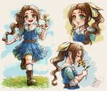  1girl aerith_gainsborough aged_down aqua_shirt bangs belt blue_dress boots brown_belt brown_hair closed_eyes dress female_child final_fantasy final_fantasy_vii final_fantasy_vii_remake flower frilled_dress frilled_shirt frills full_body grass green_eyes hair_ribbon highres holding holding_flower lily_(flower) long_hair michelle_kristolia multiple_views official_alternate_costume open_mouth outdoors parted_bangs parted_lips ponytail ribbon shirt sidelocks signature smelling_flower smile teeth upper_body upper_teeth wavy_hair yellow_flower yellow_ribbon 