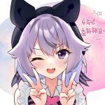  1girl ;d bangs beret black_headwear collared_shirt commentary_request double_v hair_between_eyes hands_up hat indie_virtual_youtuber korean_commentary korean_text kutata kyue_(vtuber) looking_at_viewer one_eye_closed purple_eyes purple_hair shirt smile solo translation_request upper_body v v-shaped_eyebrows virtual_youtuber white_shirt 