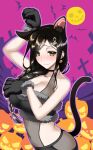  1girl animal_ears animal_hands bangs bat_(animal) black_gloves black_hair black_leotard black_shirt black_shorts blush braid breasts brown_eyes cat_ears cat_tail cleavage commentary_request covering covering_breasts earrings full_moon fur-trimmed_shirt fur_trim gloves graveyard hair_ornament hair_over_shoulder hair_tie hairclip halloween halloween_costume highres jack-o&#039;-lantern jewelry kemonomimi_mode koishikawa large_breasts leotard leotard_under_clothes long_hair looking_at_viewer moon navel night nijisanji partial_commentary paw_gloves paw_pose pink_sky purple_outline see-through shirayuki_tomoe shirt shorts single_braid solo swept_bangs tail virtual_youtuber 
