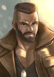  1boy barret_wallace beard black_hair black_shirt brown_eyes brown_vest chest_hair dark-skinned_male dark_skin dog_tags facial_hair final_fantasy final_fantasy_vii final_fantasy_vii_remake highres hiro_ohtaki looking_to_the_side male_focus muscular muscular_male portrait scar scar_on_cheek scar_on_face shirt short_hair solo upper_body very_short_hair vest 