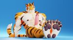  2022 3d_(artwork) abs anthro balls barazoku barefoot biceps big_muscles big_penis blue_background claws connivingrat digital_media_(artwork) erection feet felid fur genitals hi_res huge_muscles humanoid_genitalia humanoid_penis looking_at_viewer male mammal muscular muscular_anthro muscular_male nipples nude obliques pantherine pawpads pecs penis simple_background sitting smile soles solo stead_(connivingrat) thick_thighs tiger tuft vein 