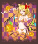  1girl animal_ears animal_hands bangs bat_(animal) bikini black_choker blonde_hair bow breasts cat_ears checkered_background choker claw_pose cleavage commentary crystal dai_zu_san doily english_text flandre_scarlet front-tie_bikini_top front-tie_top fur-trimmed_gloves fur_trim gloves hair_bow halloween halloween_costume halterneck highres jack-o&#039;-lantern kemonomimi_mode kneeling long_hair looking_to_the_side medium_breasts multicolored_thighhighs navel orange_background orange_bikini orange_footwear orange_gloves orange_thighhighs paw_gloves paw_shoes purple_background purple_gloves purple_thighhighs red_bow side-tie_bikini_bottom solo striped striped_thighhighs swimsuit thighhighs tongue tongue_out touhou wings 