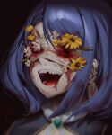  1girl absurdres bandages bangs black_background blood blue_hair bob_cut close-up crooked_teeth flower highres horror_(theme) last_origin machina_(last_origin) open_mouth parted_bangs short_hair teddyellow teeth upper_body 