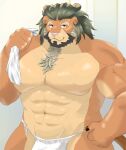  abs anthro arsalan asian_clothing bulge clothing east_asian_clothing felid fundoshi green_hair hair hi_res japanese_clothing lifewonders lion looking_at_viewer male mammal mature_male muscular muscular_anthro muscular_male napantos navel pantherine pecs shirtless solo tokyo_afterschool_summoners towel underwear video_games 
