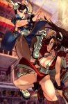  2girls alex_ahad battle blue_leotard boots bracelet breasts bun_cover chun-li cleavage crossover double_bun fatal_fury hair_bun hand_fan highres jewelry jumping large_breasts leotard leotard_peek long_hair multiple_girls ninja pantyhose ponytail red_footwear red_leotard rivalry rivals shiranui_mai spiked_bracelet spikes squatting street_fighter street_fighter_iii_(series) the_king_of_fighters thighs white_footwear 
