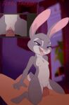  anthro bedroom_eyes bodily_fluids breasts cowgirl_position devious disney duo ears_up eyelashes female from_front_position genital_fluids genitals hands_behind_back hi_res human human_on_anthro humanoid_genitalia interspecies judy_hopps lagomorph leporid looking_at_another male male/female mammal narrowed_eyes nipples on_bottom on_top penetration preview purple_eyes pussy pussy_juice rabbit seductive sex size_difference straddling vaginal vaginal_penetration zootopia 
