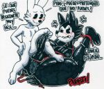  2020 anthro anus blush blush_lines bodily_fluids canid canine canis duo fan_character lagomorph leporid male male/male mammal parasitedeath predator/prey prey_dom_predator_sub rabbit rabbit_(parasitedeath) size_difference small_dom_big_sub tagme text thick_thighs traditional_media_(artwork) translated wolf wolf_(parasitedeath) 