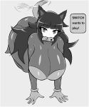 animal_ears bangs black_hair blunt_bangs bodysuit breasts dialogue_box gloves greyscale hime_cut huge_breasts jadf joy-con long_hair looking_at_viewer messy_hair monochrome nintendo nintendo_switch_(personification) non-web_source original personification pet_play shiny shiny_clothes tail tail_wagging thick_thighs thighs wide_hips 