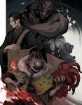  5boys absurdres arm_sling bangs black_hair black_kimono black_shirt branch bug butterfly colored_skin cyclops dagon_(jujutsu_kaisen) earrings fire getou_suguru grey_hair grey_skin hair_bun hanami_(jujutsu_kaisen) highres hood japanese_clothes jewelry jogo_(jujutsu_kaisen) jujutsu_kaisen kimono long_hair looking_at_viewer looking_to_the_side mahito_(jujutsu_kaisen) monster multiple_boys nakano_(2_mannaka) no_eyes one-eyed shirt side_ponytail sidelocks sideways_glance single_hair_bun single_sidelock smile stud_earrings tentacles 