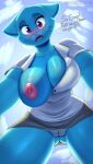  2022 anthro apology areola big_breasts blue_body blue_fur blush bottomwear breasts butt_from_the_front cartoon_network clothed clothing dialogue domestic_cat english_text felid feline felis female fur genitals hi_res looking_at_viewer mammal mature_female nexcoyotlgt nicole_watterson nipples one_breast_out pink_areola pink_nipples pussy skirt solo text the_amazing_world_of_gumball underwear wardrobe_malfunction 