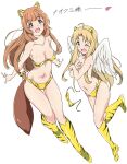  2girls alternate_costume animal_ears animal_print bikini blonde_hair blue_eyes brown_hair cosplay covering covering_breasts firo_(tate_no_yuusha_no_nariagari) highres horns long_hair looking_at_viewer lum lum_(cosplay) multiple_girls navel one_eye_closed purple_eyes raccoon_ears raccoon_girl raccoon_tail raphtalia simple_background stomach swimsuit tail tate_no_yuusha_no_nariagari tiger_print translation_request umanosuke white_background wings yellow_bikini yellow_footwear yellow_horns 