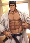  1boy abs artist_name bandaid bandaid_on_face bandaid_on_hand bara belt black_hair blurry blurry_background blush dougi facial_hair feet_out_of_frame hakama highres japanese_clothes large_pectorals light_particles looking_at_viewer male_focus manly mature_male muscular muscular_male navel nipples original pectorals short_hair signature spiked_hair stubble sunlight sweat sweatdrop window zifu 