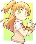 +_+ 1girl bachera bangs blonde_hair blush_stickers closed_mouth collared_shirt commentary_request double_v green_background green_eyes hands_up idolmaster idolmaster_cinderella_girls jougasaki_rika looking_at_viewer looking_to_the_side neck_ribbon ponytail red_ribbon ribbon shirt short_sleeves smile solo sweater_vest two-tone_background v white_background white_shirt 