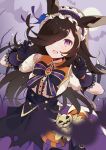  1girl :d absurdres animal_ears black_skirt blue_flower blue_rose blush bow bowtie brown_hair claw_pose fang flower gloves hair_flower hair_ornament hair_over_one_eye hairband highres horse_ears horse_girl looking_at_viewer make_up_in_halloween!_(umamusume) official_alternate_costume puffy_short_sleeves puffy_sleeves purple_bow purple_bowtie purple_eyes purple_gloves rice_shower_(make_up_vampire!)_(umamusume) rice_shower_(umamusume) rose shirt short_sleeves skirt smile solo umamusume usukawa_(uskw_sr) white_shirt 