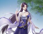  1girl artist_request blue_sky bug butterfly earrings falling_leaves flower hagoromo highres index_finger_raised jewelry leaf long_hair looking_at_viewer parted_lips purple_eyes purple_hair second-party_source shawl shiny shiny_hair sky solo sparkle upper_body wanmei_shijie yun_xi_(wanmei_shijie) 