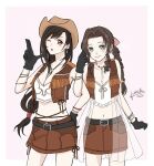  2girls aerith_gainsborough aqua_eyes bangs belt belt_buckle black_gloves braid braided_ponytail breasts brown_hair brown_skirt buckle collarbone commentary_request cow_girl cowboy_hat cowboy_shot cowboy_western dangle_earrings drill_hair earrings final_fantasy final_fantasy_vii final_fantasy_vii_remake finger_gun gloves hair_ribbon hat highres jewelry kt9_ct locked_arms long_hair low-tied_long_hair medium_breasts midriff multiple_girls navel one_eye_closed open_mouth parted_bangs pink_ribbon ponytail red_eyes ribbon signature skirt smile tifa_lockhart twin_drills 