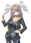  &gt;:) 1girl absurdres bangs black_bodysuit black_collar black_jacket blue_eyes blush bodysuit breasts brown_hair cleavage closed_mouth collar collarbone commentary_request covered_navel drawstring eunie_(xenoblade) feathered_wings green_jacket hair_between_eyes hand_up head_wings highres hood hood_down hooded_jacket jacket looking_at_viewer medium_breasts open_clothes open_jacket simple_background smile solo v-shaped_eyebrows white_background white_wings wings xenoblade_chronicles_(series) xenoblade_chronicles_3 ym_(distance819) 