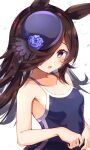  1girl :d absurdres bare_shoulders blue_flower blue_one-piece_swimsuit blue_rose blush brown_hair collarbone flower hair_over_one_eye hat hat_flower head_tilt highres horse_girl long_hair looking_at_viewer meyamu purple_eyes purple_headwear rice_shower_(umamusume) rose school_swimsuit smile solo swimsuit tilted_headwear umamusume upper_body 