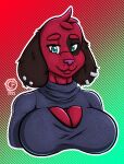 2022 animal_crossing anthro big_breasts breasts bust_portrait canid canine canis cherry_(animal_crossing) citrusfumes cleavage cleavage_cutout clothed clothing domestic_dog ear_piercing female fur hi_res keyhole_turtleneck looking_at_viewer mammal nintendo piercing portrait red_body red_fur simple_background solo sweater topwear video_games 