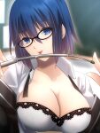  1girl bangs black-framed_eyewear black_jacket blue_eyes blue_hair blurry blurry_background blush bra breasts chalkboard ciel_(tsukihime) cleavage closed_mouth collarbone collared_shirt commentary_request glasses hair_between_eyes highres holding holding_pointer indoors jacker jacket large_breasts looking_at_viewer open_clothes open_jacket pointer shirt short_hair solo tongue tongue_out tsukihime tsukihime_(remake) underwear undressing upper_body vent_vert_(kuuya) white_bra white_shirt 