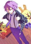  1boy alternate_costume bag_removed bangs black_eyes chair collared_shirt commentary_request dressing elekid gloves gloves_removed highres jacket lower_teeth male_focus necktie open_clothes open_jacket open_mouth pants paul_(pokemon) pokemon pokemon_(anime) pokemon_(creature) pokemon_dppt_(anime) purple_hair purple_necktie purple_pants shirt short_hair smrs_ss sweatdrop table teeth turtwig 