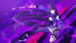 1girl absurdres bangs bare_shoulders black_gloves breasts cleavage closed_mouth full_body gloves highres holding holding_sword holding_weapon honkai_(series) honkai_impact_3rd horns jacket katana long_hair looking_at_viewer ooo_wange partially_fingerless_gloves purple_eyes purple_hair purple_jacket purple_shirt purple_thighhighs raiden_mei raiden_mei_(herrscher_of_thunder) shirt single_thighhigh sword thighhighs weapon 