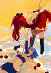  2girls apple armpits arms_behind_back black_bow black_thighhighs blue_eyes blue_hair bow cape detached_sleeves dress food fruit gloves hair_bow highres impaled leaning_forward long_hair lying mahou_shoujo_madoka_magica medium_hair miki_sayaka multiple_girls musical_note on_back pink_skirt red_dress red_hair saber_(weapon) sakura_kyouko skirt sword thighhighs thighs water waves weapon white_cape white_gloves white_sleeves zhizhisuki 