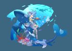  1girl absurdres ass bare_shoulders barefoot bikini blue_hair breasts clownfish coral dragalia_lost dragon_girl dragon_horns dragon_tail fish from_side full_body highres horns kuonn long_hair mercury_(dragalia_lost) multicolored_hair ocean official_style pink_hair pointy_ears seaweed solo starfish swimsuit tail underwater whale yellow_eyes 