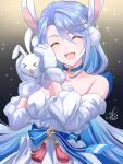  1girl absurdres animal_ears bangs bare_shoulders blue_hair breasts choker closed_eyes dated dress epic_seven fur-trimmed_gloves fur_trim gloves hair_between_eyes hair_intakes highres holding_bunny i_a_n light_blue_hair long_hair medium_breasts moon_(ornament) moon_bunny_dominiel open_mouth pom_pom_(clothes) rabbit_ears red_tassel sidelocks signature smile star_(sky) starry_background strapless strapless_dress swept_bangs tassel very_long_hair white_dress white_gloves 