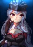  1girl arm_under_breasts asake_ameji azur_lane breast_hold breasts cape cleavage cloak cross fur-trimmed_cape fur_trim gloves graf_zeppelin_(azur_lane) hat iron_cross large_breasts long_hair looking_at_viewer military military_uniform peaked_cap red_eyes solo uniform upper_body very_long_hair white_cloak 