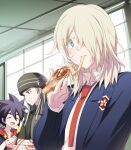  3boys amemiya_reiji blonde_hair blue_eyes character_request cota dreadlocks eating food hair_over_one_eye hat ichidaji_yamato indoors long_sleeves male_focus megaton_musashi multiple_boys necktie pizza red_necktie school_uniform spiked_hair 