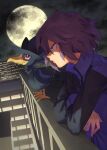  1boy bangs bird building closed_mouth cloud commentary_request crossed_arms from_side highres jacket male_focus moon murkrow night outdoors paul_(pokemon) pokemon pokemon_(anime) pokemon_(creature) pokemon_dppt_(anime) purple_hair purple_jacket short_hair sky smrs_ss 