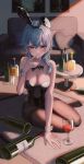  1girl alcohol animal_ears aqua_hair asymmetrical_hair bare_arms bare_shoulders black_bow black_bowtie black_leotard blush bottle bow bowtie breasts brown_pantyhose cleavage closed_mouth couch cup cushion detached_collar drink drinking_glass eonyan_(chaeyang) eula_(genshin_impact) fake_animal_ears finger_to_mouth frown genshin_impact highres index_finger_raised indoors leotard looking_at_viewer medium_breasts medium_hair no_shoes on_floor pantyhose playboy_bunny rabbit_ears sidelocks sitting solo strapless strapless_leotard table thighband_pantyhose white_wrist_cuffs wine wine_bottle wine_glass wrist_cuffs yellow_eyes 
