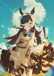  1girl absurdres animal_ears black_hair blue_flower blue_rose brown_coat cloud coat cowboy_shot flower hair_over_one_eye hairband highres holding holding_flower horse_ears horse_girl long_sleeves looking_at_viewer purple_eyes rice_shower_(umamusume) rose sky solo umamusume wannatchears white_hairband 