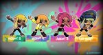  4girls agent_3_(splatoon) agent_3_(splatoon_3) agent_4_(splatoon) agent_8_(splatoon) berrybadvt blonde_hair boots crop_top dab_(dance) dark-skinned_female dark_skin hat highres inkling inkling_girl jacket multiple_girls octoling octoling_girl orange_hair peaked_cap pink_hair poncho sandals splatoon_(series) splatoon_1 splatoon_2 splatoon_2:_octo_expansion splatoon_3 squidbeak_splatoon tentacle_hair toeless_footwear torn_clothes 