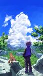  1boy black_pants cloud commentary_request day elekid highres jacket male_focus outdoors pants paul_(pokemon) pokemon pokemon_(anime) pokemon_(creature) pokemon_dppt_(anime) purple_footwear purple_hair purple_jacket shoes short_hair sky smrs_ss standing 