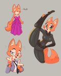  absurd_res anthro breasts canid canine clothed clothing diane_foxington dreamworks dress eyebrow_piercing eyewear facial_piercing female fingers fox fur glasses green_eyes hi_res inner_ear_fluff jasminthemanticore leg_over_head mammal orange_body orange_fur owo piercing smile solo suit the_bad_guys tuft 