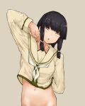  1girl bangs black_hair blunt_bangs braid chagamaka closed_eyes facing_viewer hair_over_shoulder hair_ribbon highres kantai_collection kitakami_(kancolle) kitakami_kai_ni_(kancolle) leaning_to_the_side long_hair midriff neckerchief ribbon sailor_collar school_uniform serafuku shirt sidelocks solo tress_ribbon white_neckerchief yellow_sailor_collar yellow_serafuku yellow_shirt 