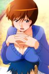  1boy 1girl blush breast_rest breasts breasts_on_head brown_eyes brown_hair cardigan cleavage interlocked_fingers large_breasts long_sleeves non-web_source official_art open_mouth own_hands_together photoshop_(medium) short_hair solo_focus super_real_mahjong tanaka_ryou toyohara_etsuko 