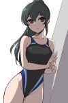  1girl black_hair black_one-piece_swimsuit breasts brown_eyes collarbone cowboy_shot idolmaster large_breasts long_hair looking_at_viewer multicolored_clothes multicolored_swimsuit ohishi_izumi pataneet ponytail solo swimsuit white_background 