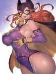  1girl \m/ adapted_costume bare_shoulders bat_(animal) bat_girl batgirl batman_(series) breasts cape capelet covered_nipples cowl dc_comics elbow_gloves fumio_(rsqkr) gloves green_eyes hand_on_own_face highres large_breasts leotard lips long_hair medium_breasts nipples orange_hair parted_lips purple_gloves purple_leotard redesign superhero thick_thighs thighs yellow_gloves 